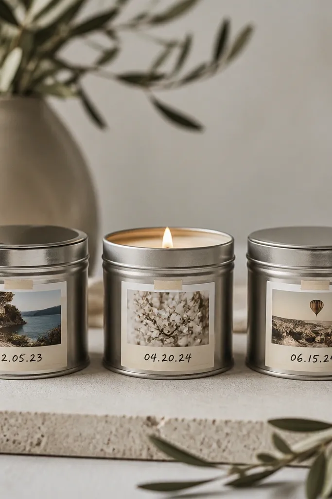 A set of three small candle tins with custom labels; each label has a printed photo thumbnail and a short date in neat black script on cream paper under clear tape.