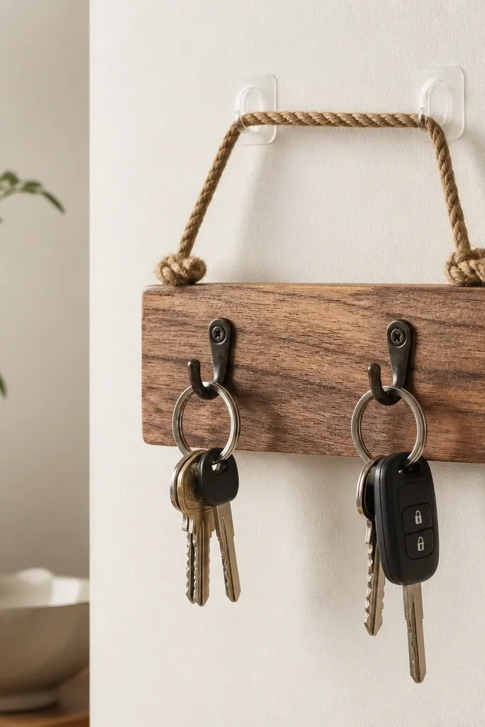 A small wooden plaque with a knotted jute rope loop and two hooks; the plaque is attached to a wall with removable adhesive pads, with keys hanging neatly.