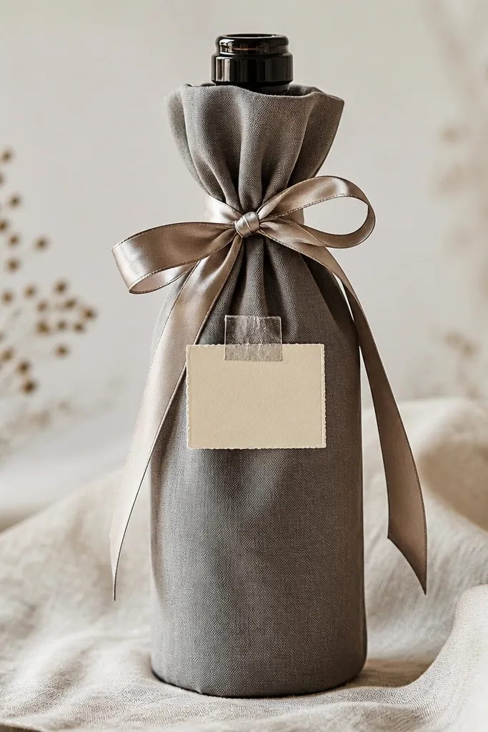 A glass bottle wrapped in soft gray fabric, tied with a satin ribbon bow; a small cream label with his name in black ink is attached with clear tape.