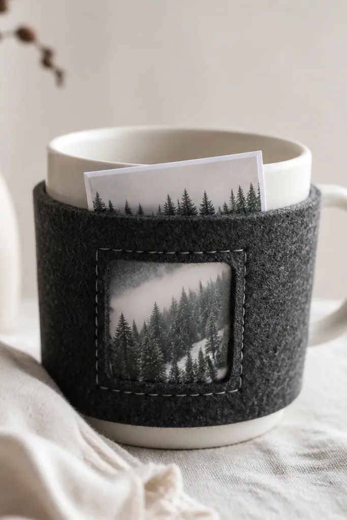 A cozy fabric mug sleeve in charcoal felt with a stitched rectangular window; a small photo card sits behind the window and peeks out from the top.