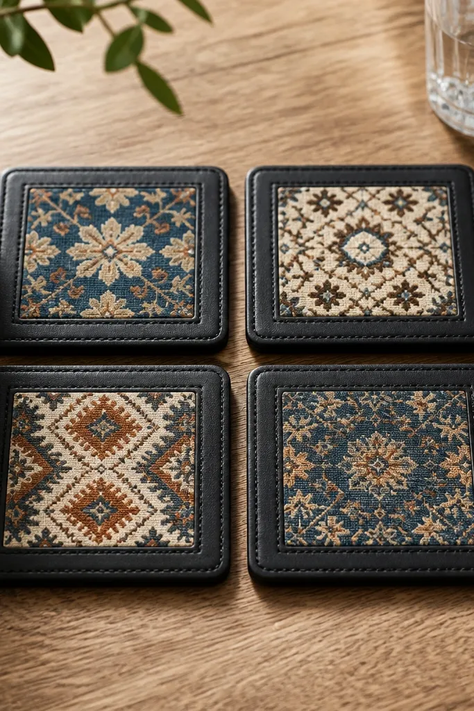Four square coasters with a dark faux leather border and patterned fabric centers; they sit on a table with a neat grid spacing.