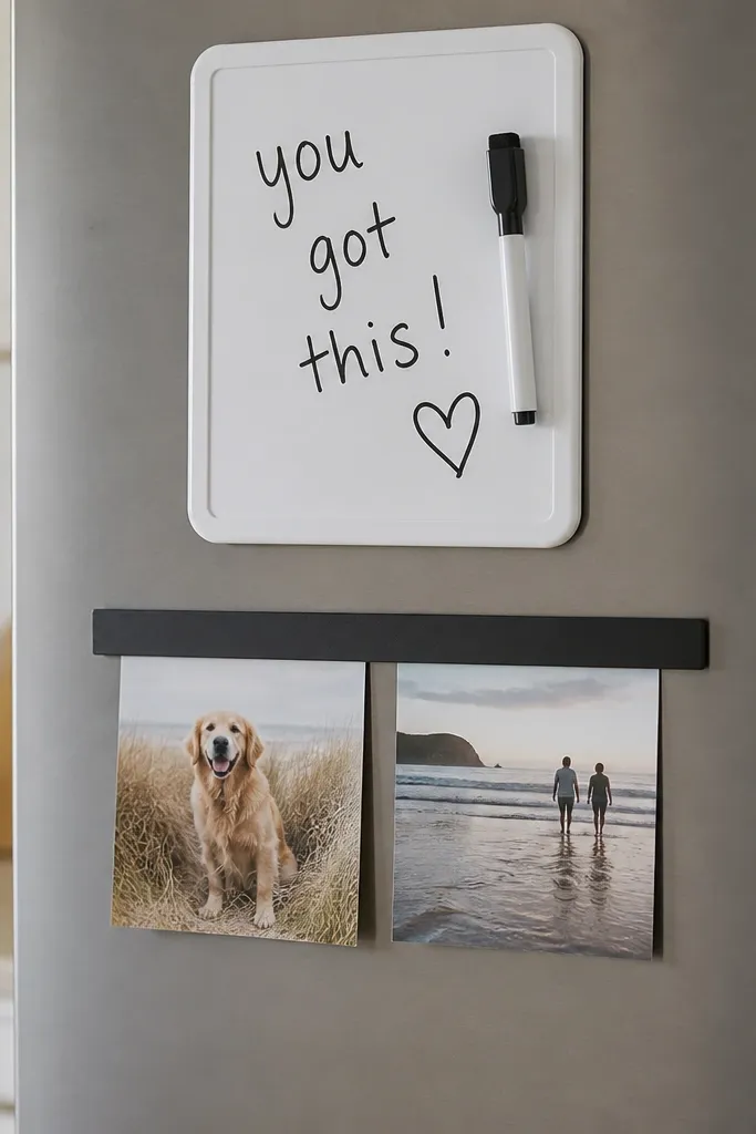 A fridge door with a slim magnetic strip holding two photos; above it is a small whiteboard-style label with a handwritten message in dry erase marker.