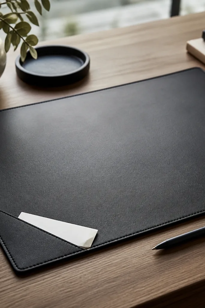 A large desk pad in black faux leather with a stitched corner pocket; a folded note sits inside the pocket and a pen is shown beside it.