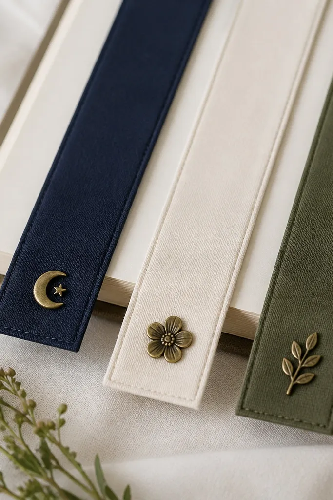 Three fabric bookmarks in navy, cream, and olive; each has a small metal charm stitched near the end, and the fabric edges look neatly finished.