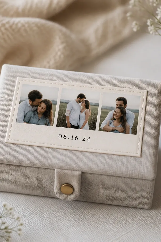 A small keepsake box covered in fabric with a snap lid; on the lid there's a label with a photo strip and a date printed in black.
