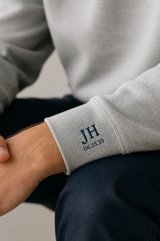 A gray sweatshirt showing a small embroidered-look patch near the cuff; the patch has his initials in navy and a tiny date line beneath, applied with heat transfer.