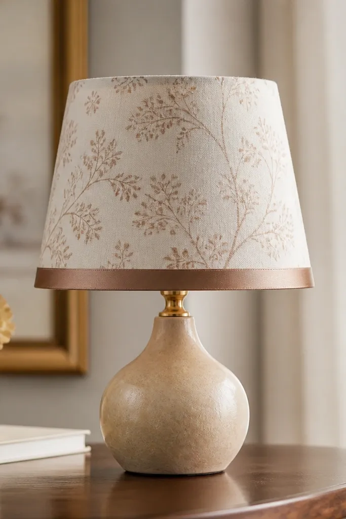 A small table lamp with a new fabric shade cover; a satin ribbon trim wraps the bottom edge, and the fabric has a subtle pattern in warm cream and brown.