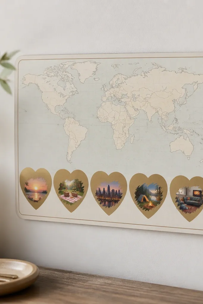 A small removable map board on a wall with five heart-shaped scratch-off stickers; each heart shows a date idea underneath, and the board has a clean border.