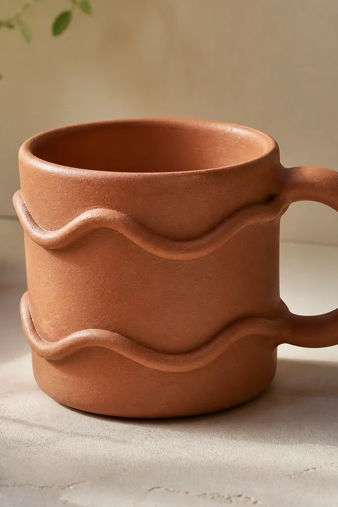A warm terracotta-colored mug with two raised wavy bands wrapping around it, the clay edges slightly uneven like hand-formed coils.