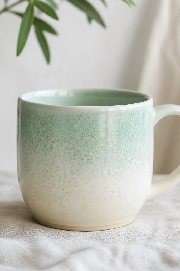 A cream mug with a smooth mint-to-white fade that looks like a glazing glaze, with faint mottling from a sea sponge.