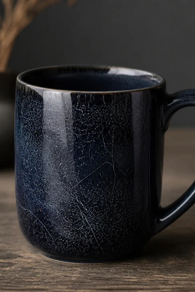 A dark navy and black mug with thin crack lines across a glossy-looking surface, like glaze crazing.
