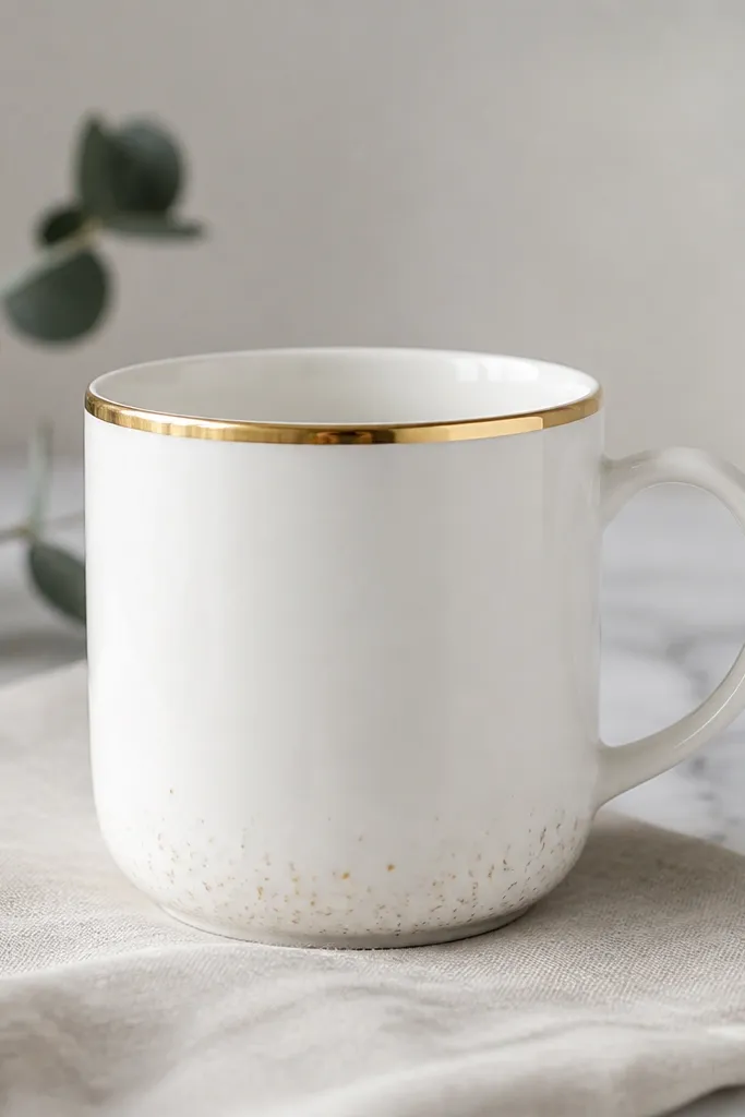 A white mug with a narrow metallic gold band around the rim and a few tiny gold specks on the lower edge.