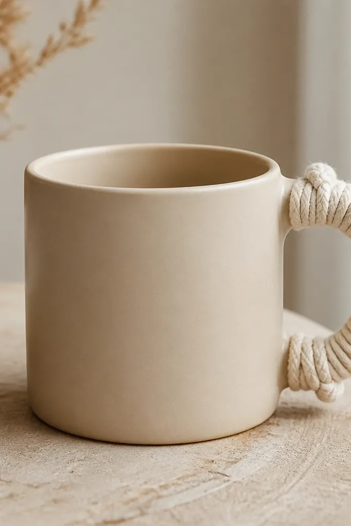 A beige mug where the handle has a wrapped cotton rope spiral, with small knots and a slightly fuzzy texture; the mug body stays plain.