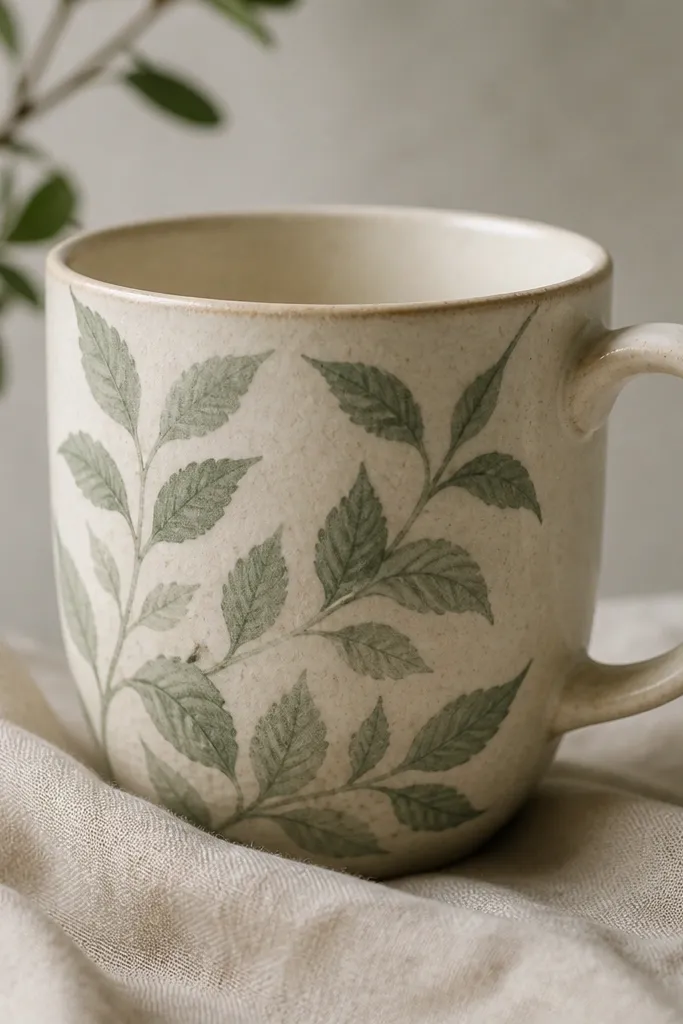 A cream mug with faded green botanical leaves wrapping around it like a vintage print, with soft edges and visible paper texture.