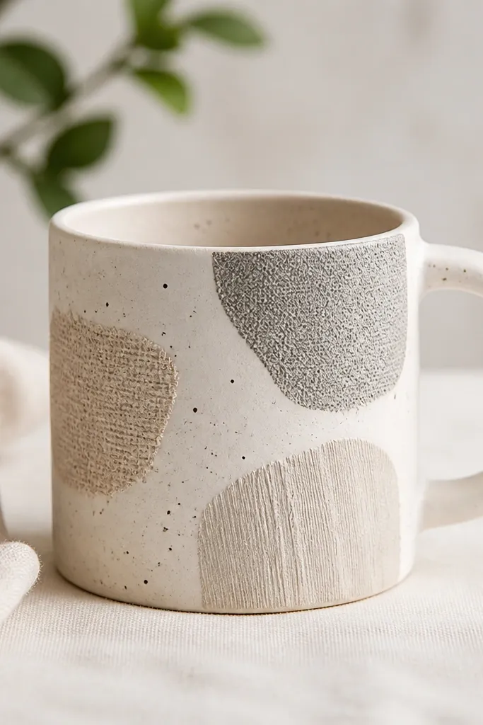 A white mug with three uneven patch shapes in gray and beige, each textured with different fabric impressions, plus tiny painted speckles.