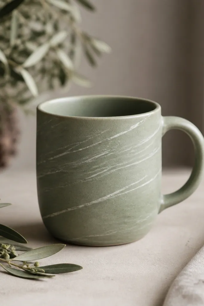 A muted sage mug with lighter streaks where wax resist created pale lines, plus a soft matte finish.