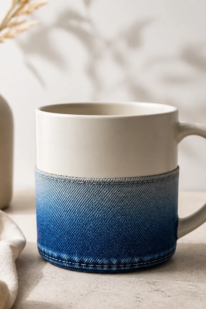 A cream mug with a lower band wrapped in denim fabric, fading from deep blue to lighter blue, with visible seams and stitched edges.