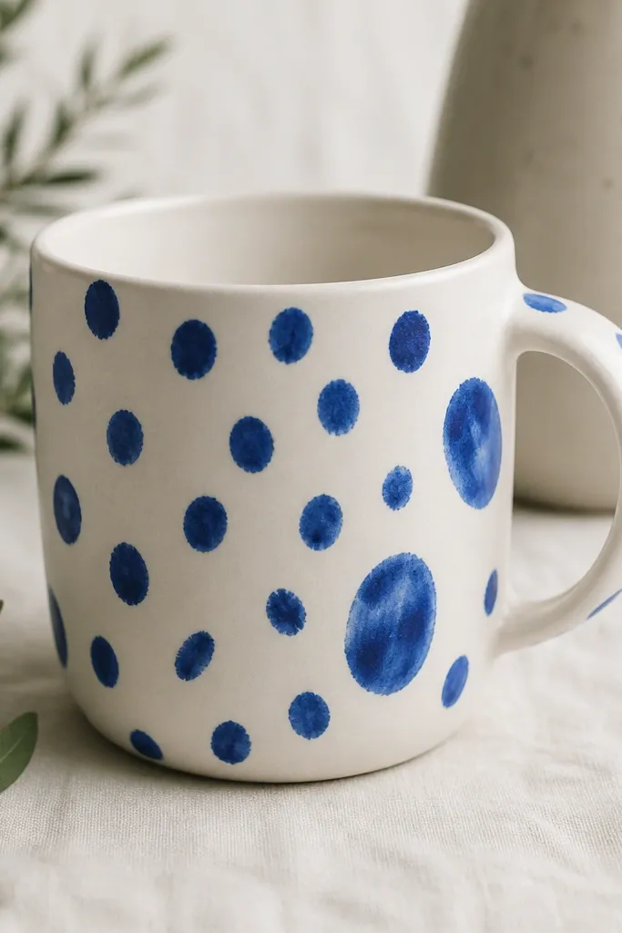 A white mug covered in scattered cobalt thumbprint-like dots, with a few larger prints near the handle and subtle matte texture.