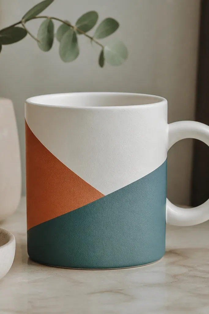 A white mug with two crisp color blocks in muted terracotta and dusty teal, separated by sharp tape lines and a slightly textured finish.