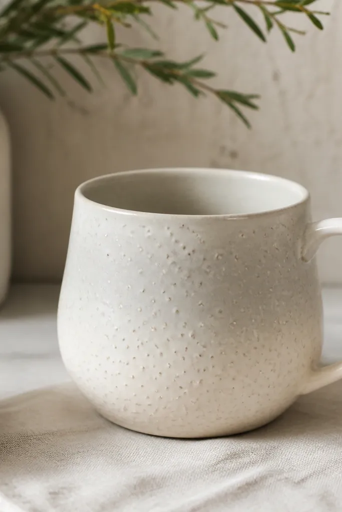 A cream mug with a soft ombre from pale gray at the top to warm white near the base, plus faint stamped dots across the surface.