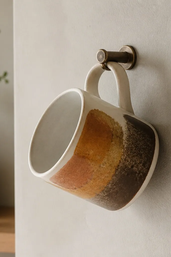 A mug with a painted front panel in earthy ochre and brown, plus a thin magnetic strip taped to the back (not drilled) and a simple wall hook holding it.