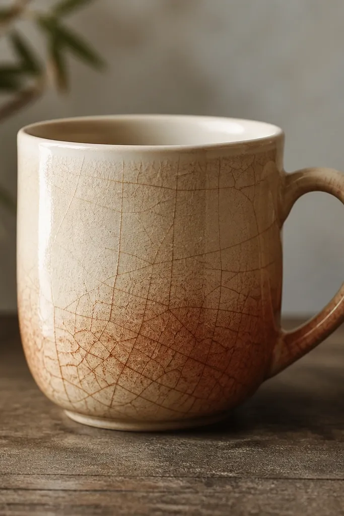 A light beige mug with fine crackle lines over a coppery wash, giving an aged pottery look while the rim stays clean.