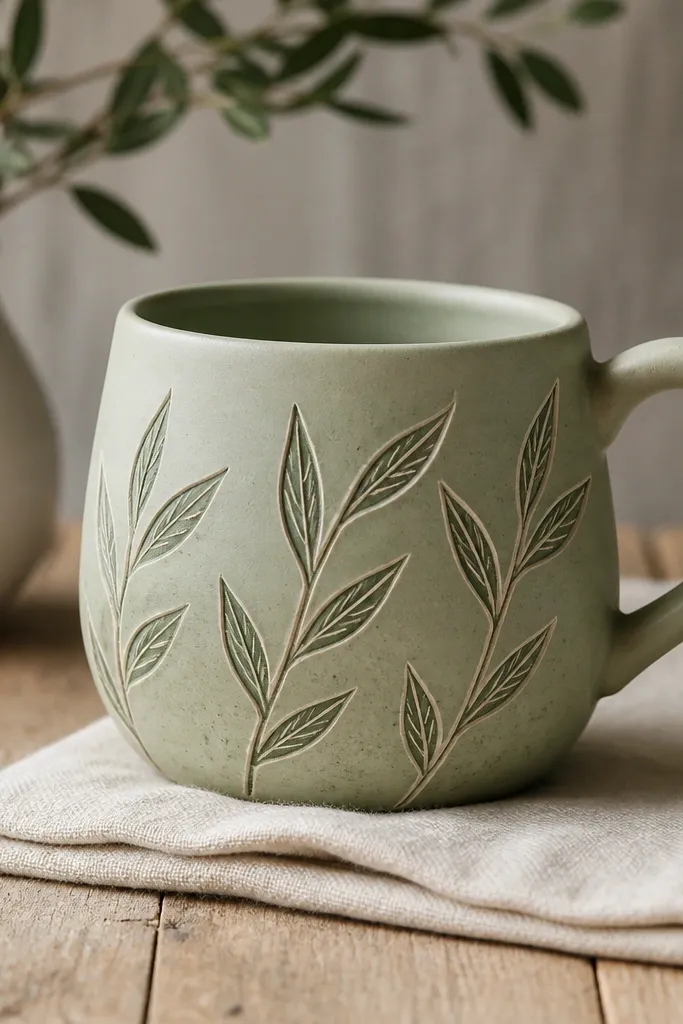 A pale sage mug with dark green leaf outlines scratched into the surface, exposing a lighter layer beneath like carved pottery.
