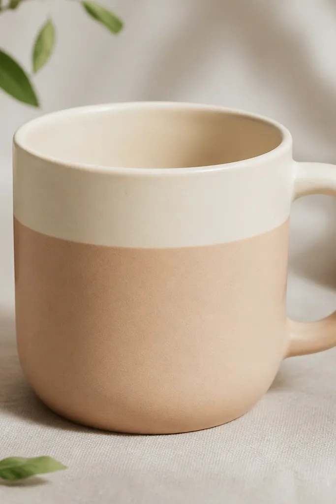 A cream mug with a smooth dip-dye fade that stops sharply just below the rim line, with no messy overlap inside the lip area.