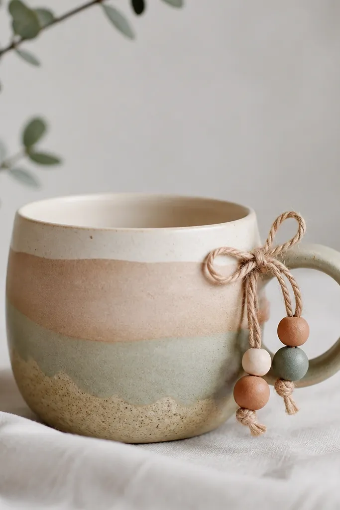 A mug with a twine bow tied around the handle and several small clay beads dangling, painted in muted colors and sealed to a matte finish.