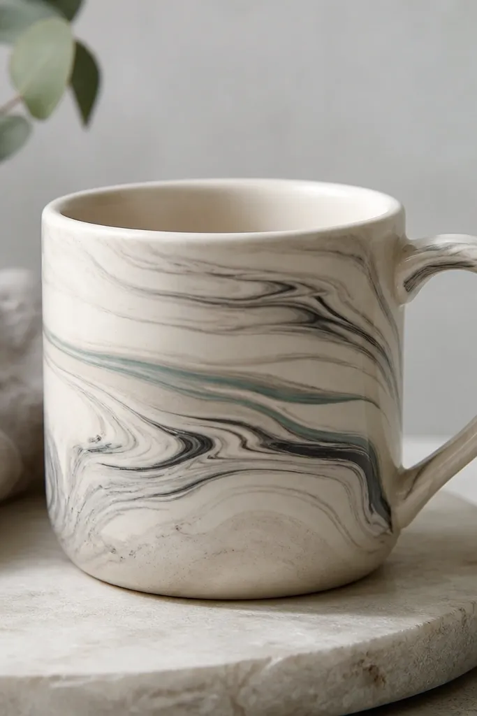 A pale mug with marbled swirls in gray, black, and a thin streak of muted teal, covering the body in organic bands.