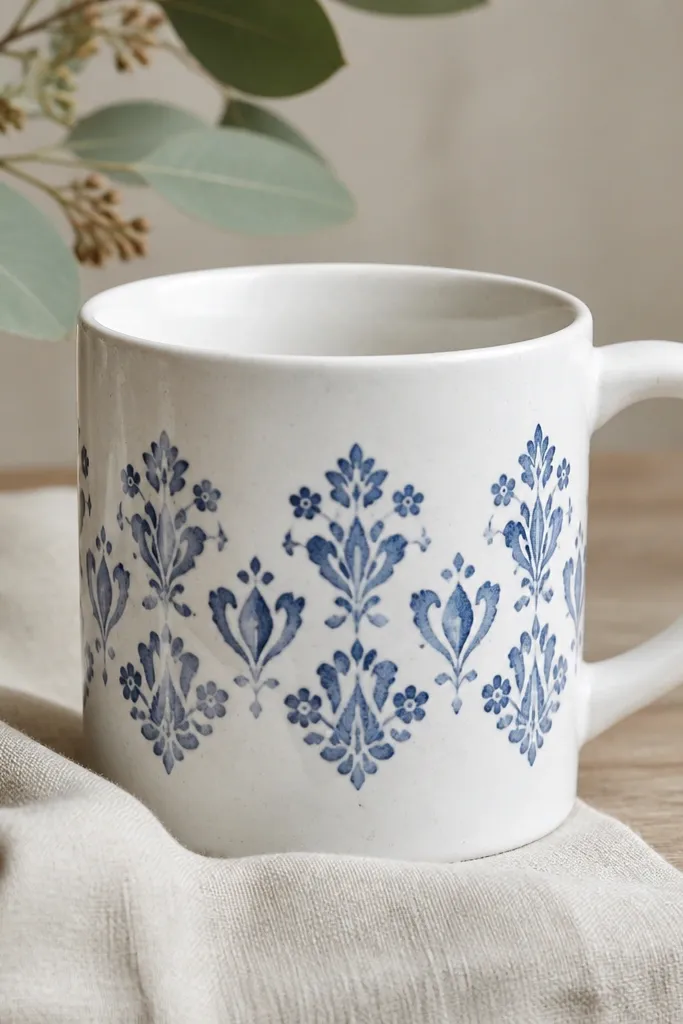 A white mug with a repeating blue motif in the midsection, like a porcelain pattern, with clean edges and light speckling.