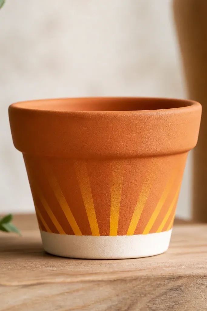 A small terracotta pot with a clean white base rim band and orange-yellow sunburst rays radiating upward from the rim. The rays are evenly spaced and end in a soft fade into the terracotta.