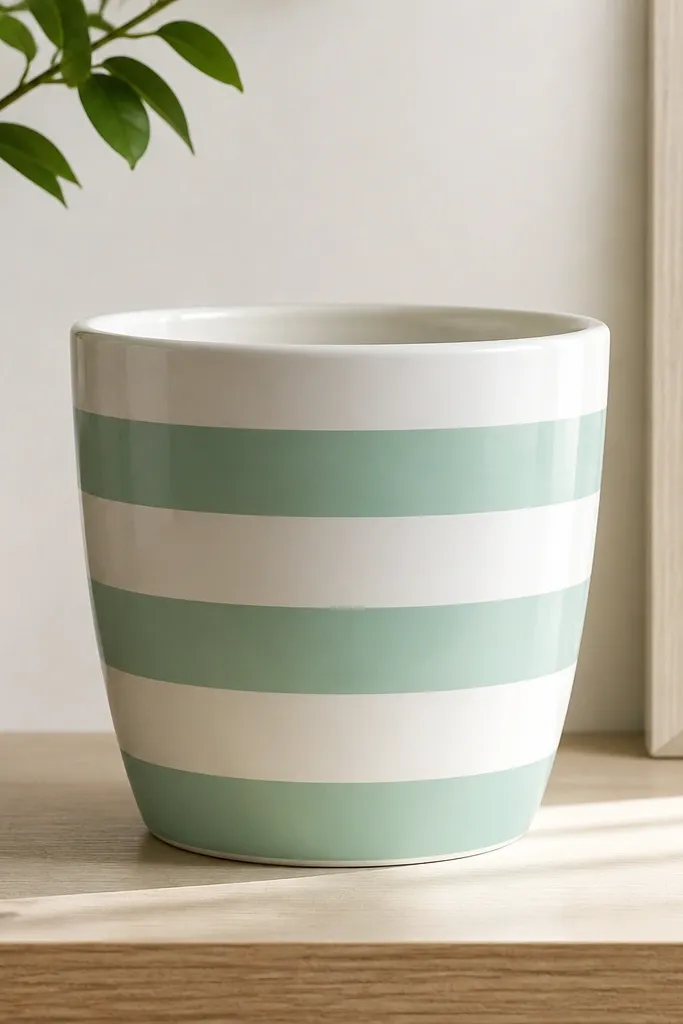 A white pot with three thick mint-green horizontal stripes, evenly spaced; the stripes have clean edges and a slightly glossy finish.