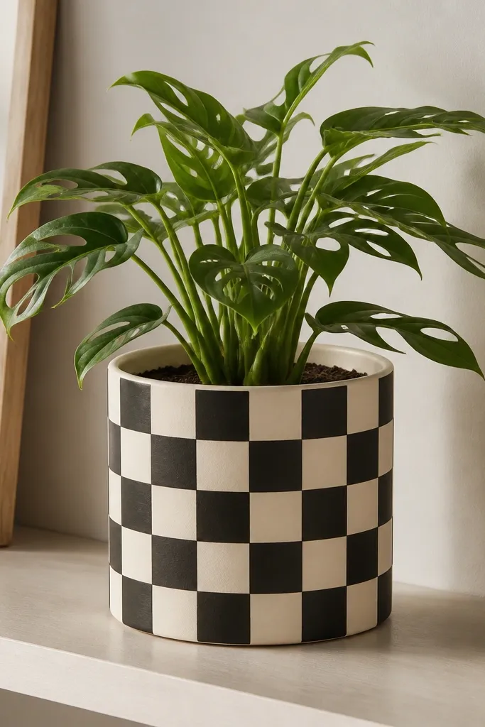 A mid-size pot painted in a black-and-cream checker pattern wrapping around the cylinder. The squares are consistent and the pattern aligns at the front.