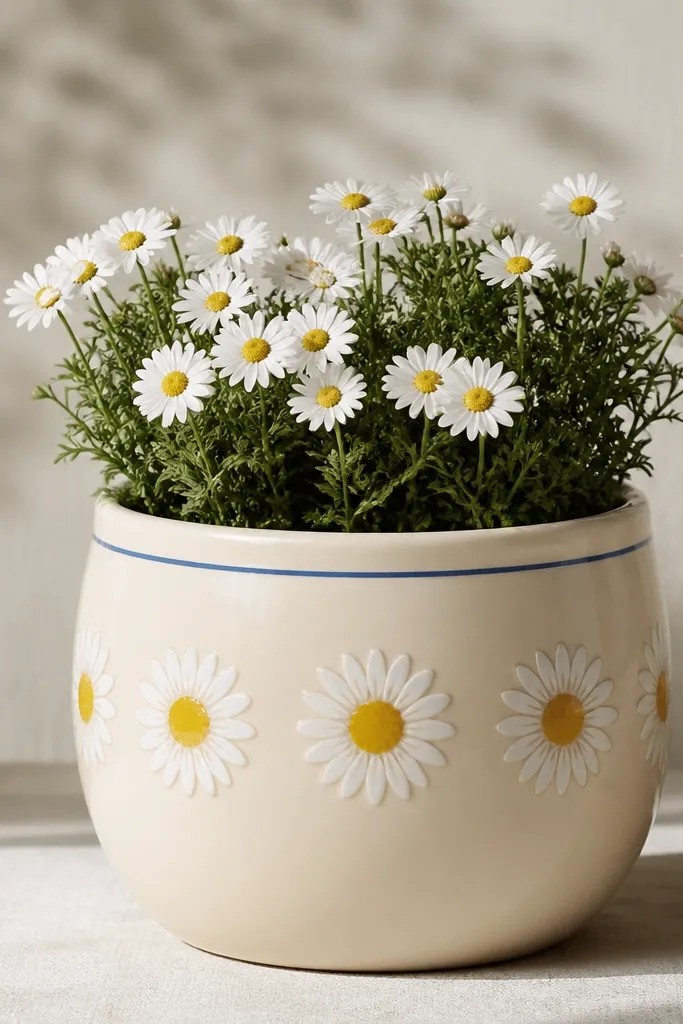A cream pot with a thin blue line near the top rim, then repeating daisies made of white petals and yellow centers; the daisies wrap around evenly.