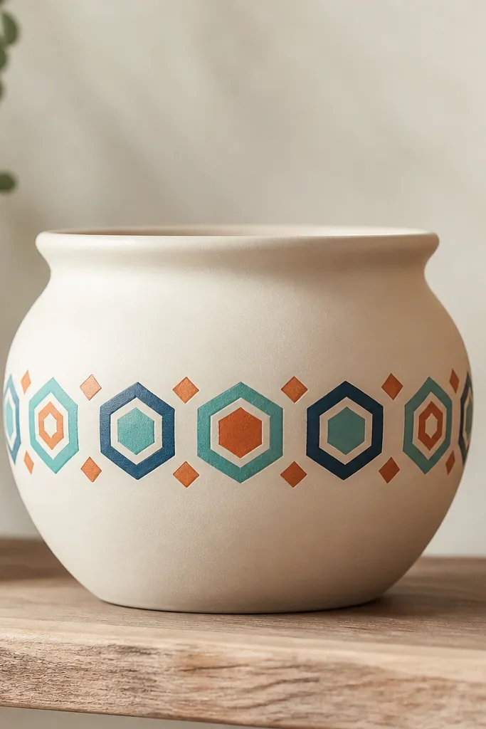 A pot with a horizontal band of geometric hexagons and small diamond accents in teal, navy, and terracotta orange. The rest of the pot is a smooth off-white.
