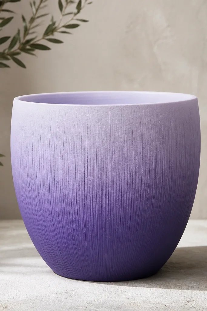 A pot fading from deep purple at the bottom to pale lavender near the rim, with a few subtle vertical texture lines like grass blades.