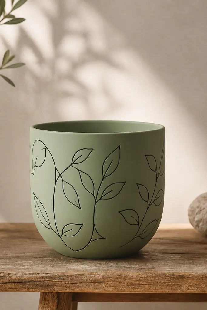 A pot painted in soft sage green with thin black botanical stems and leaf outlines drawn in one continuous line around the pot.