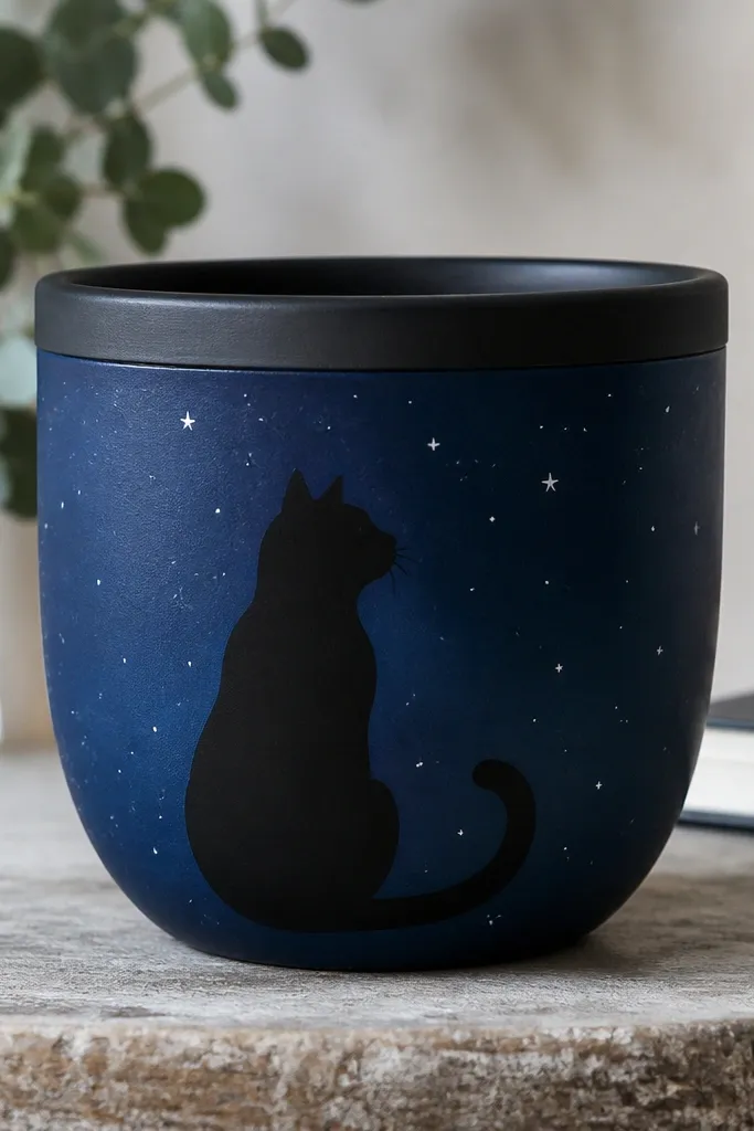 A deep navy pot with a large black cat silhouette sitting on the side; small white stars are scattered around, and the rim is painted matte black.