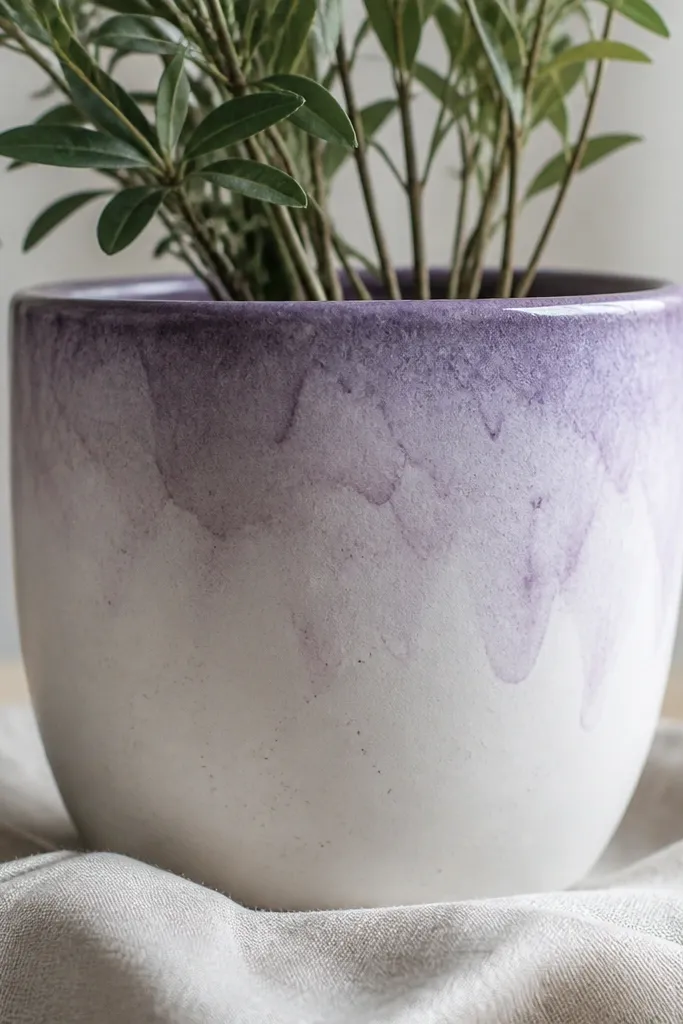 A pot with a pale white base and a soft lavender watercolor fade that washes downward from the rim, with darker purple at the top.
