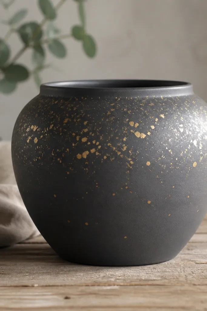 A charcoal-gray pot with scattered gold speckles of different sizes, denser near the top and sparser toward the bottom.
