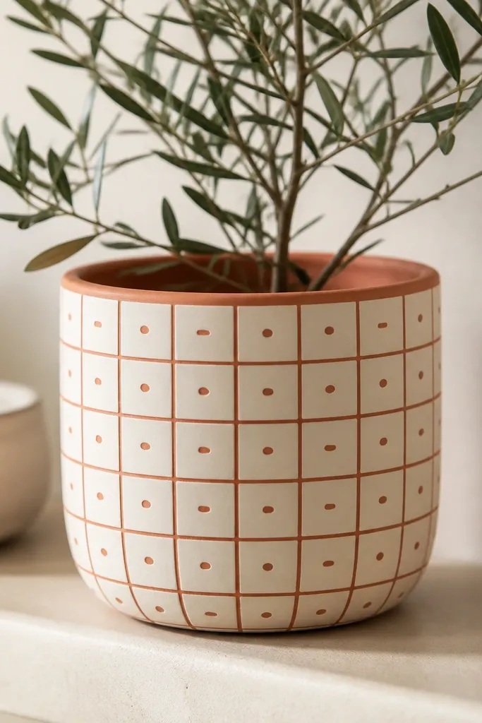 A terracotta pot painted in soft terracotta and cream with a grid of thin lines, like small ceramic tiles; each square has a tiny dot or short stripe.