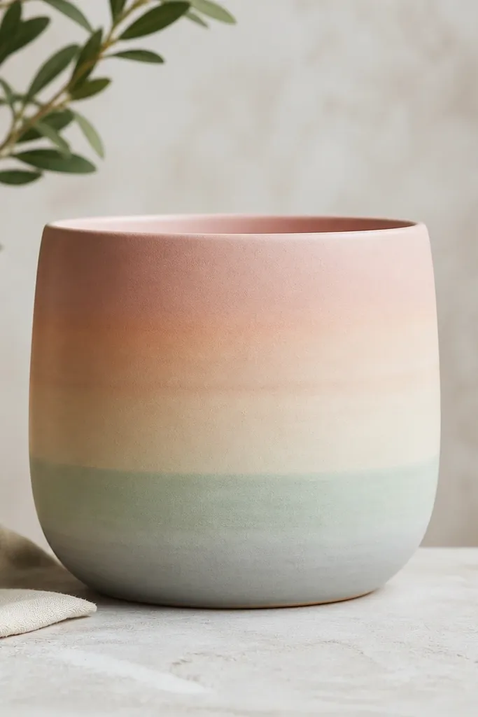 A pot with four horizontal ombré bands: blush pink to peach, then peach to cream, then cream to mint, then mint to pale gray at the bottom.
