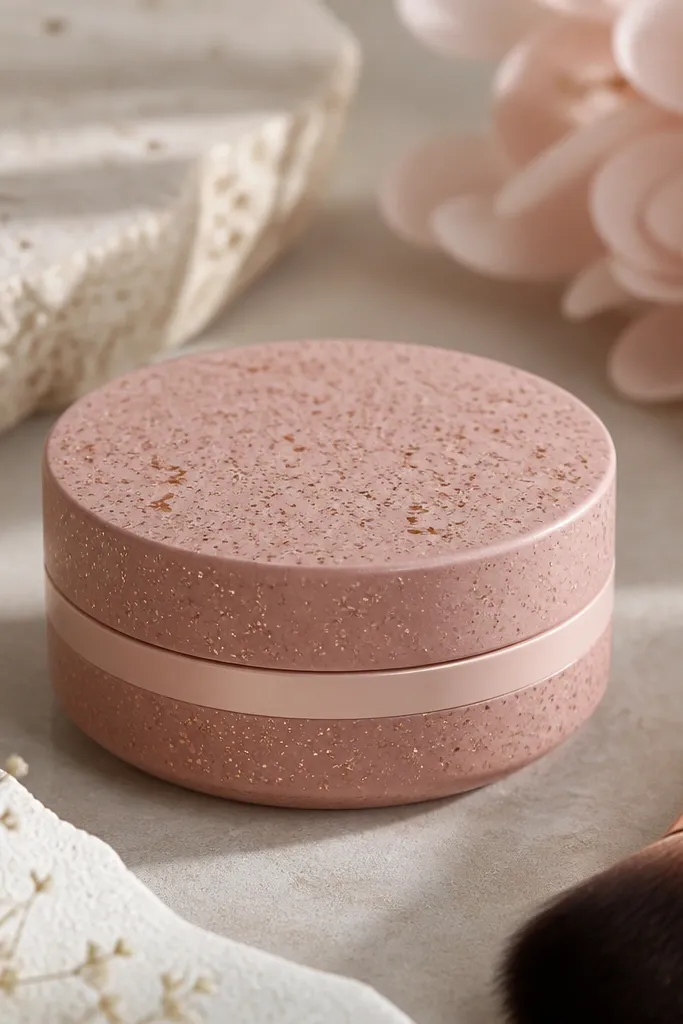 A matte blush pot covered in tiny rose-gold speckles, with a smoother lighter band around the middle.
