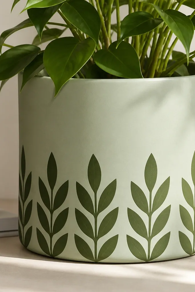 A light sage pot with repeating leaf shapes in darker green, arranged like a wallpaper border; leaves have crisp edges.