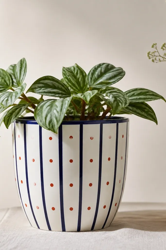 A white pot with navy vertical stripes and small red dots sprinkled between the stripes, with a clean rim line in navy.