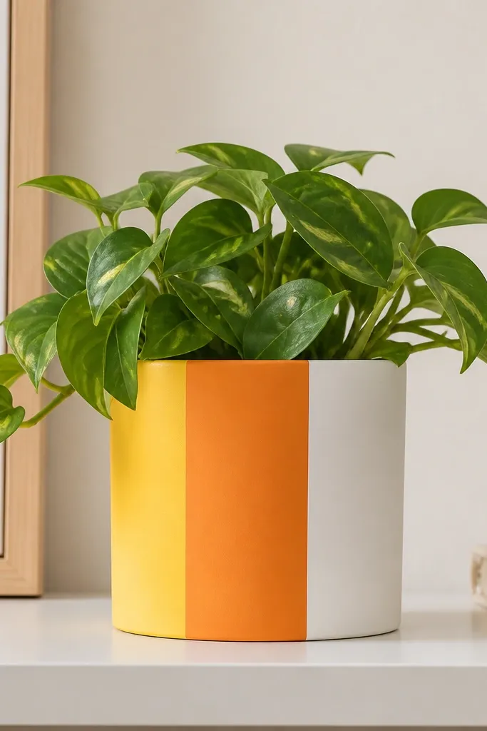 A white pot with three vertical sections painted yellow, orange, and white again, forming a candy corn look; edges are sharp.