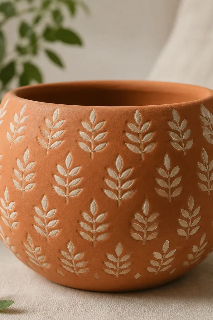 A terracotta pot covered in repeated stamped patterns: small leaf shapes in a slightly raised cream paint over a warm clay base.
