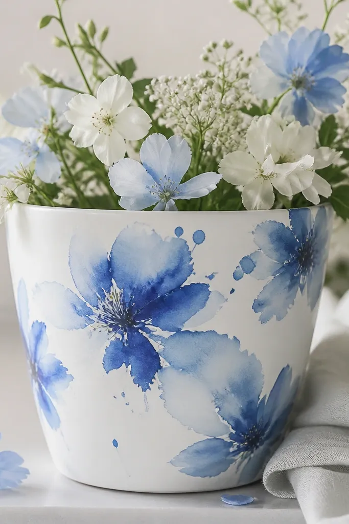 A white pot with loose blue flowers and soft watercolor blooms, edges feathered, plus tiny splashes that look like painterly runoff.