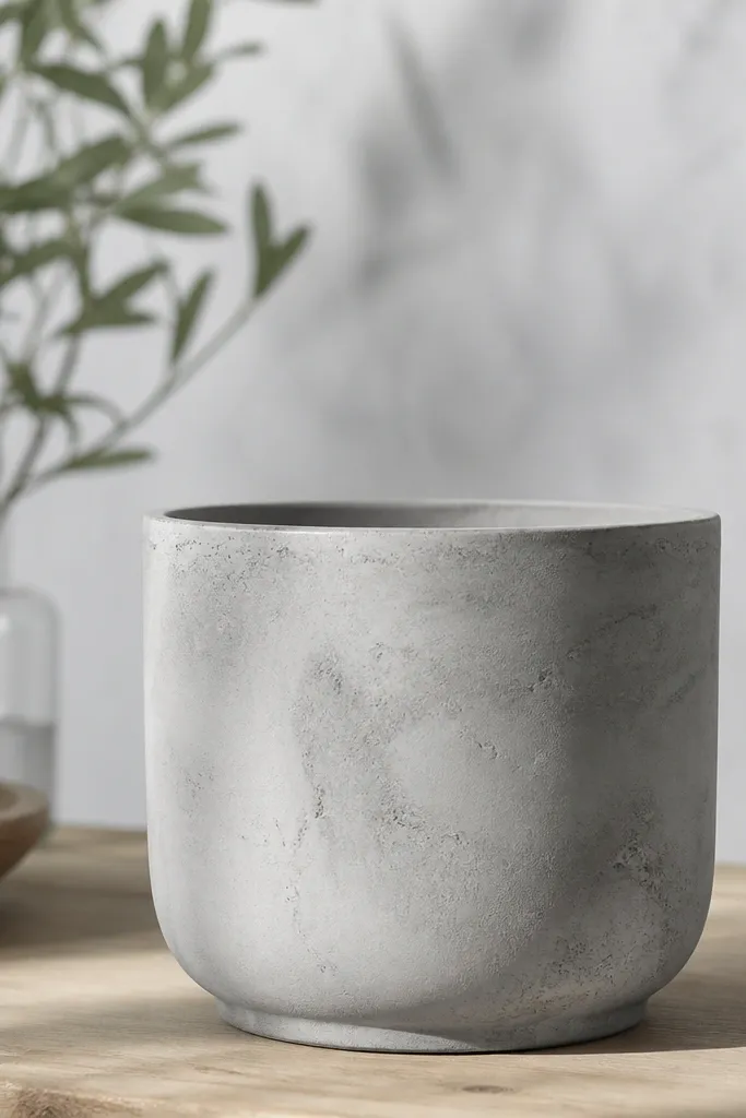 A light gray pot with a cement-like wash effect: darker gray streaks and a few random speckles, matte and slightly mottled.